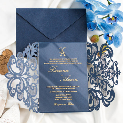 Navy Blue Laser Cut and Monogramed Gold Ink Screen Printed Acrylic Invitations