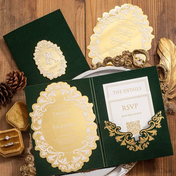 Luxury Gold Mirror Acrylic & Velvet Pocket Invitation