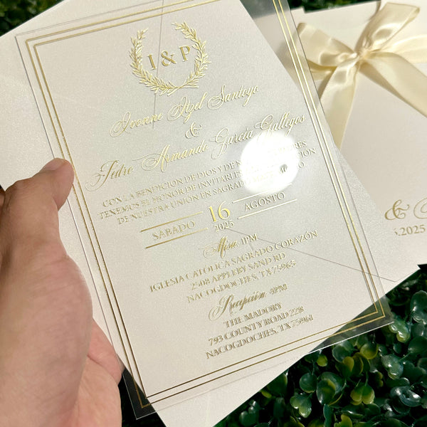 Gold Foil Acrylic Invitation with Ivory Shimmer Gold Foiled Pocket with Ribbon