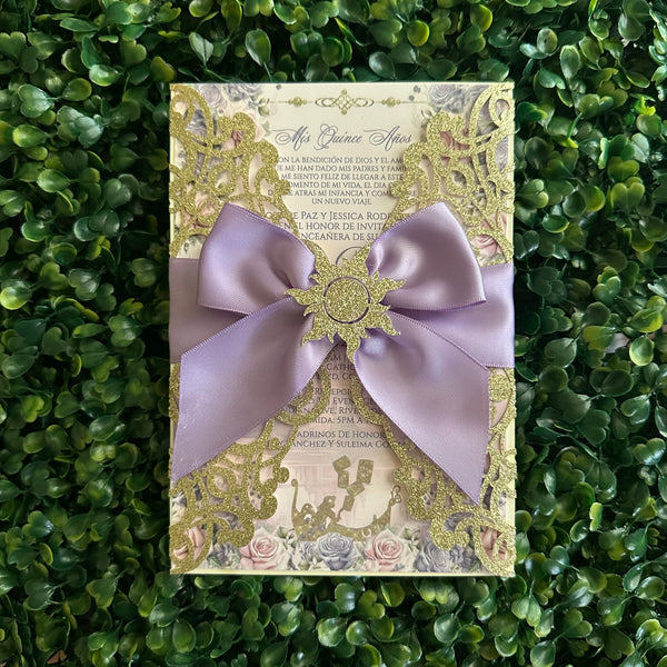 Rapunzel Princess Gold Glitter and Lavender Laser Cut Invitations