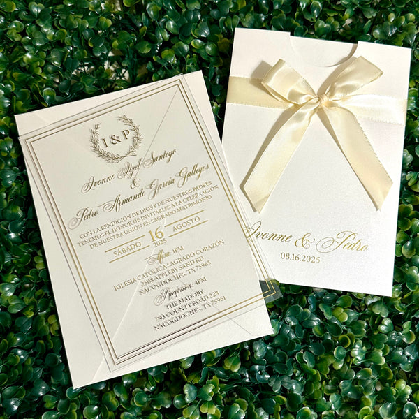 Gold Foil Acrylic Invitation with Ivory Shimmer Gold Foiled Pocket with Ribbon