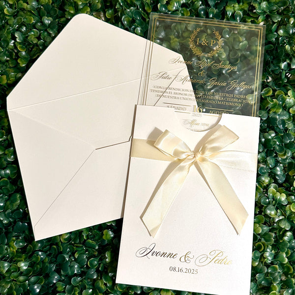 Gold Foil Acrylic Invitation with Ivory Shimmer Gold Foiled Pocket with Ribbon
