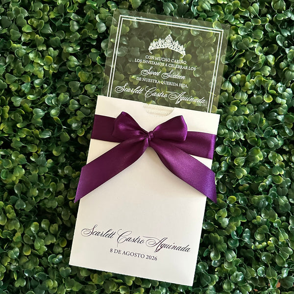 White Shimmer Pocket Acrylic Invitations with Ribbon Bow, Foiled Pocket, and Foiled Envelope