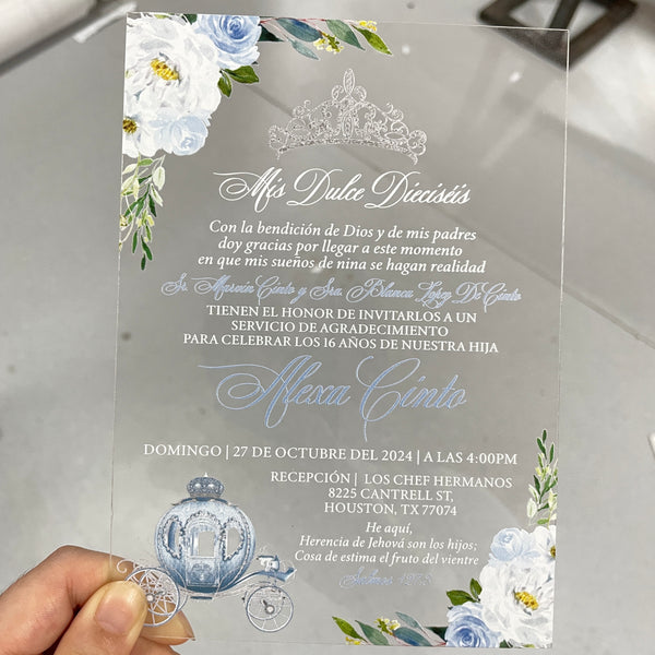 Light Blue and Silver Cinderella Themed Quinceanera Acrylic Invitation