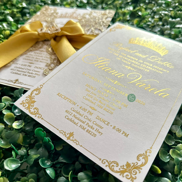 Gold Glitter Laser Cut & Foiled Insert Crown Embellishment Quinceañera Invitation