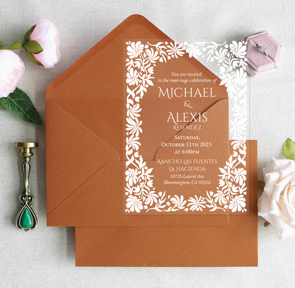 White Floral Talavera Design Acrylic Invitation