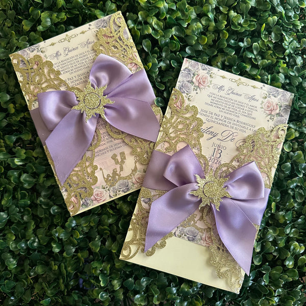 Rapunzel Princess Gold Glitter and Lavender Laser Cut Invitations