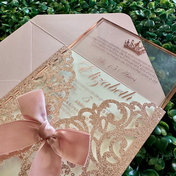 Rose Gold Foiled Acrylic Quinceañera Invitation with Glitter Laser Cut Sleeve & Bow