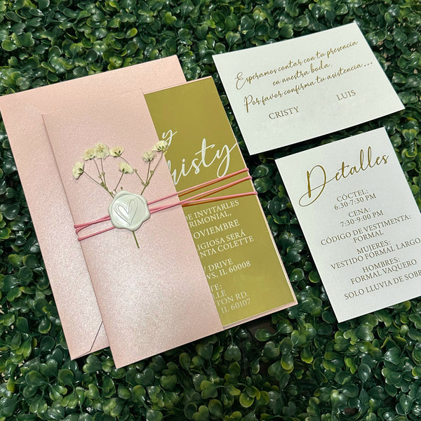 Blush Pink Shimmer Pocket with Gold Mirror Acrylic Invitation and Floral Wax Seal
