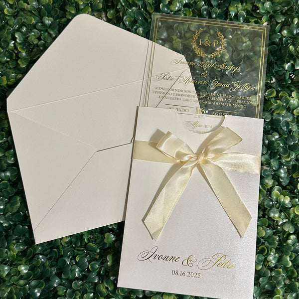 White Shimmer Pocket Acrylic Invitations with Ribbon Bow, Foiled Pocket, and Foiled Envelope