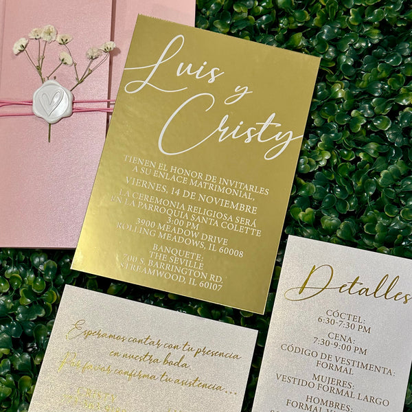 Blush Pink Shimmer Pocket with Gold Mirror Acrylic Invitation and Floral Wax Seal