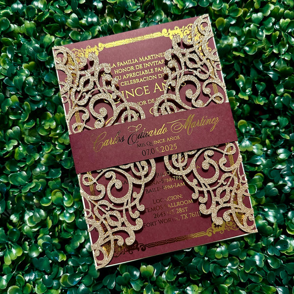 Elegant Burgundy and Gold Foil Glitter Laser Cut Invitation