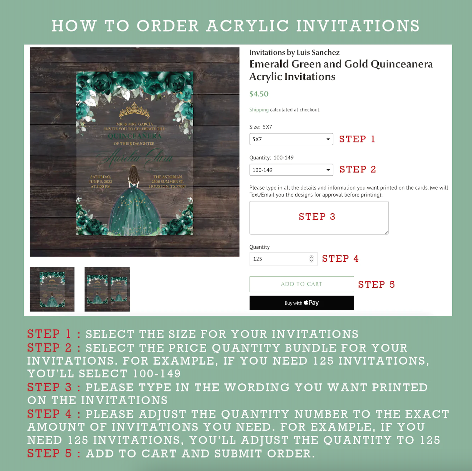 Emerald Green Floral Roses Acrylic Wedding Invitation