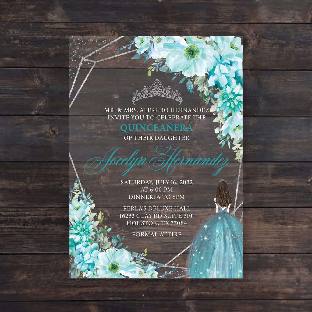 Aqua Blue and Geometric Silver Frame Acrylic Invitation – Invitations ...