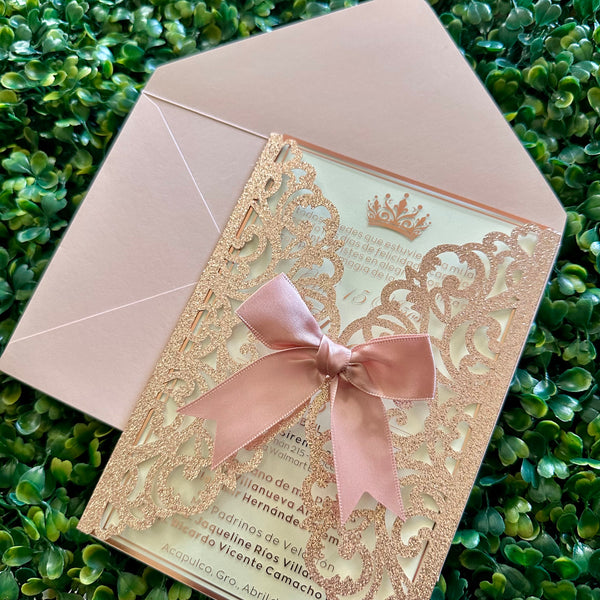 Rose Gold Foiled Acrylic Quinceañera Invitation with Glitter Laser Cut Sleeve & Bow