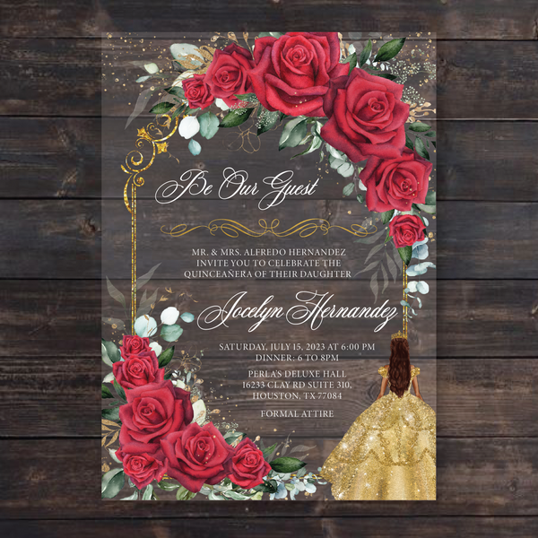 Beauty and the Beast Inspired Red Floral Roses and Gold Yellow Dress Acrylic Invitation
