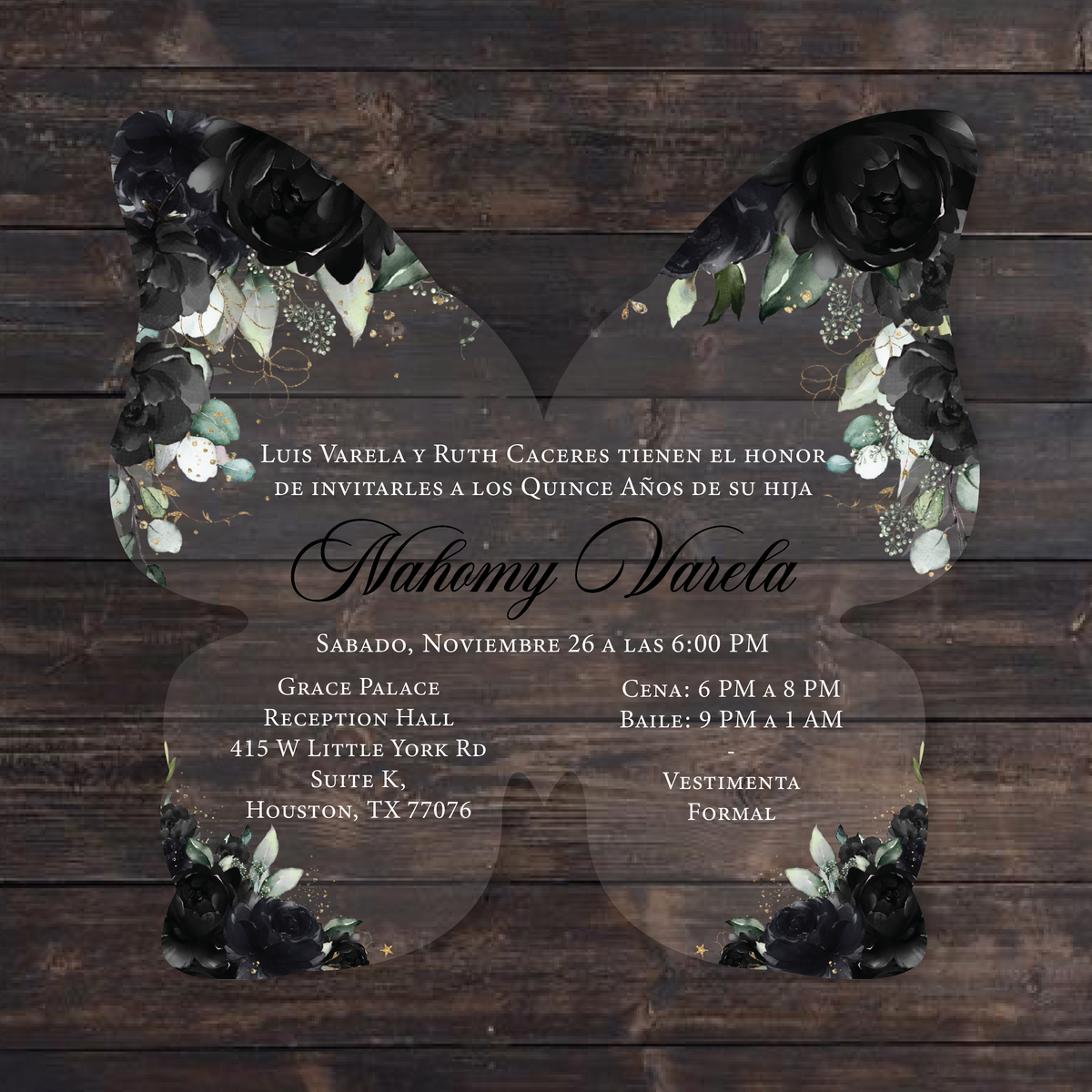 Black Floral Roses Butterfly Shaped Acrylic Invitation – Invitations by ...