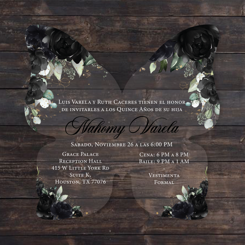 Black Floral Roses Butterfly Shaped Acrylic Invitation