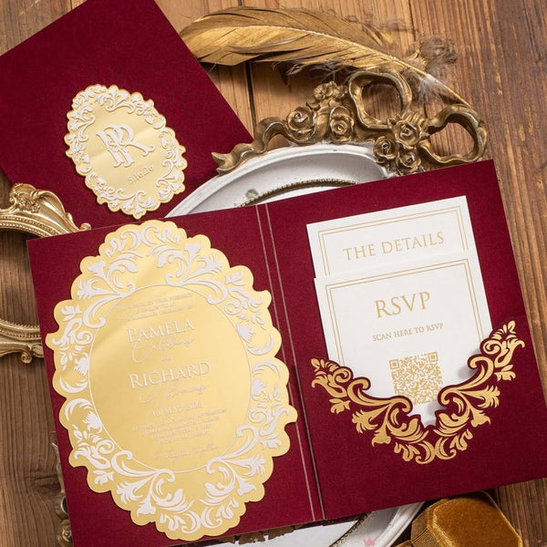 Luxury Gold Mirror Acrylic & Velvet Pocket Invitation