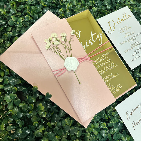 Blush Pink Shimmer Pocket with Gold Mirror Acrylic Invitation and Floral Wax Seal
