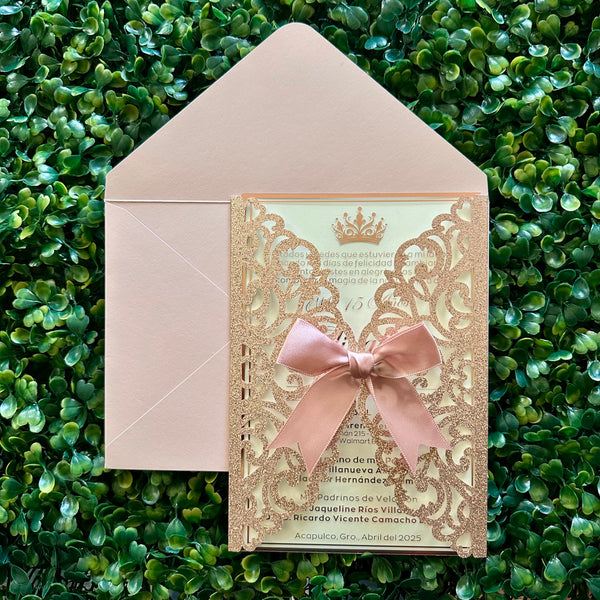Rose Gold Foiled Acrylic Quinceañera Invitation with Glitter Laser Cut Sleeve & Bow