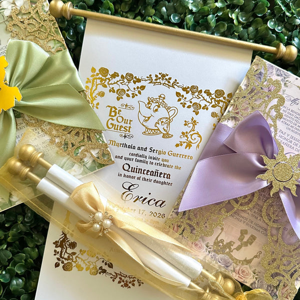 Gold Foiled Scroll Invitations with Ribbon Bow Embellishment and Organza Bag