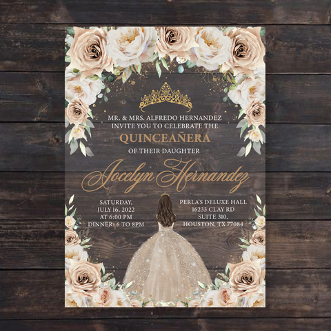 Champagne Gold Roses Quinceanera Dress Acrylic Invitation