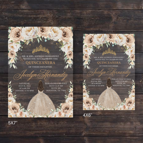 Champagne Gold Roses Quinceanera Dress Acrylic Invitation