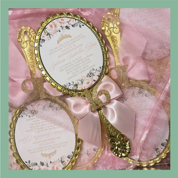 (30 QTY) | Gold Luxury Hand Mirror Invitations with Organza Bags