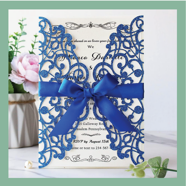 (35 Qty) |Royal Blue Glitter Laser Cut Invitation Set CLEARANCE Bundle (35 Qty)