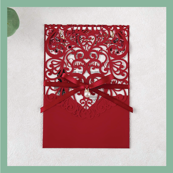 (35 Qty) | Red Matte with Pearl Laser Cut Invitation Set CLEARANCE Bundle