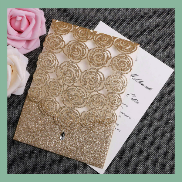 (45 Qty) | Gold Glitter Rhinestone Rose Floral Laser Cut Pocket Invitations CLEARANCE Bundle