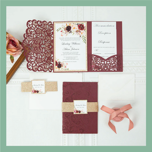 (65 Qty) | Burgundy and Gold Tri Fold Laser Cut Pocket Invitations CLEARANCE Bundle