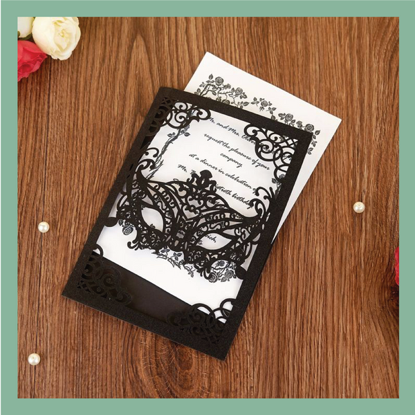 (25 Qty) | Black Glitter Masquerade Mask Laser Cut Invitations CLEARANCE Bundle