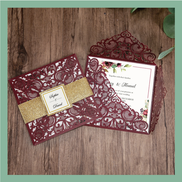 (25 Qty) | Burgundy shimmer square & gold Laser Cut Invitations CLEARANCE Bundle