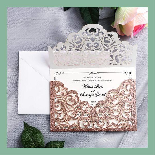 (30 Qty) | Rose Gold Glitter Envelope Laser Cut Invitation CLEARANCE Bundle