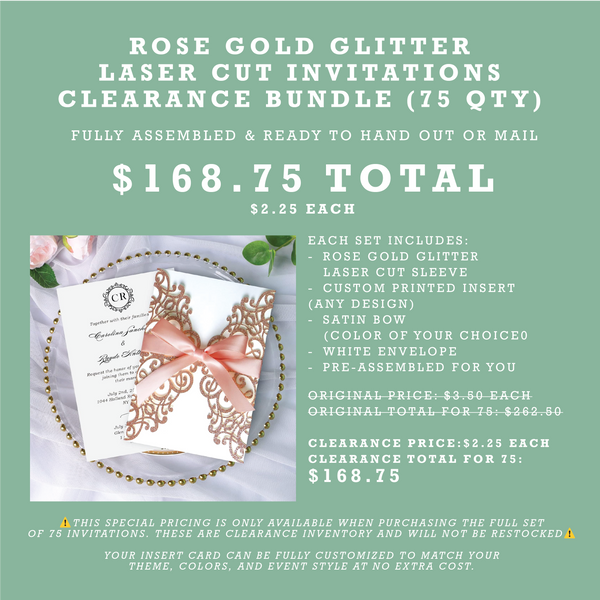(75 Qty) | Rose Gold Glitter Laser Cut Invitations CLEARANCE Bundle