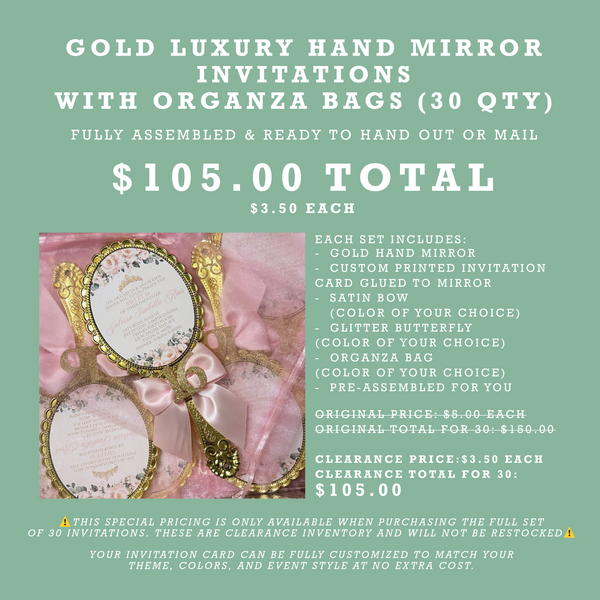 (30 QTY) | Gold Luxury Hand Mirror Invitations with Organza Bags