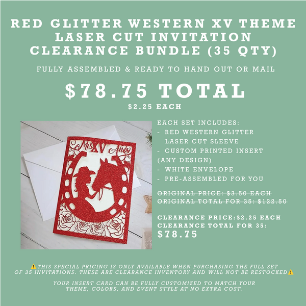 (35 Qty) | Red Glitter Western XV Theme Laser Cut Invitation CLEARANCE Bundle