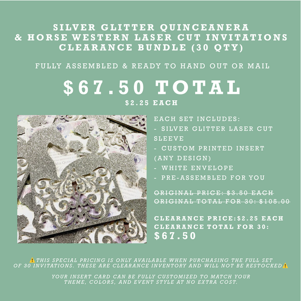 (30 Qty) | Silver Glitter Quinceanera & Horse Western Laser Cut Invitations Clearance Bundle