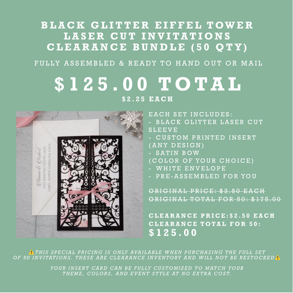 (50 Qty) | Black Glitter Eiffel Tower Laser Cut Invitations Clearance Bundle