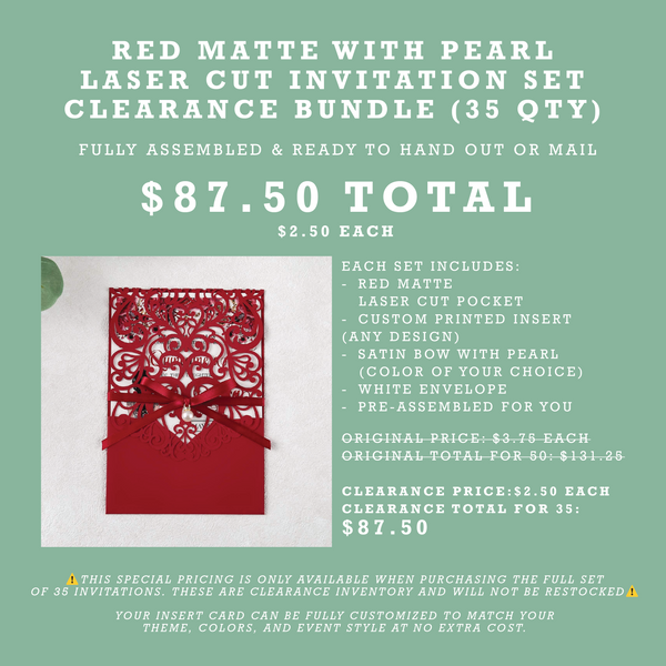 (35 Qty) | Red Matte with Pearl Laser Cut Invitation Set CLEARANCE Bundle
