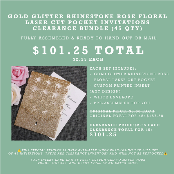 (45 Qty) | Gold Glitter Rhinestone Rose Floral Laser Cut Pocket Invitations CLEARANCE Bundle