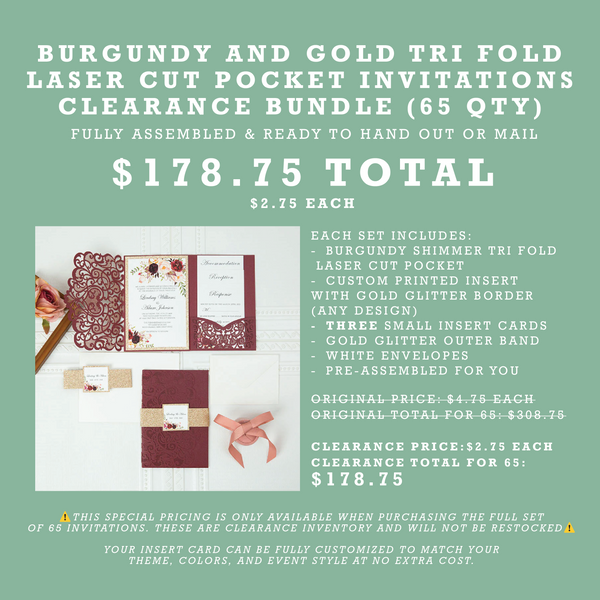(65 Qty) | Burgundy and Gold Tri Fold Laser Cut Pocket Invitations CLEARANCE Bundle