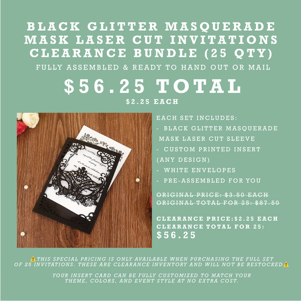 (25 Qty) | Black Glitter Masquerade Mask Laser Cut Invitations CLEARANCE Bundle