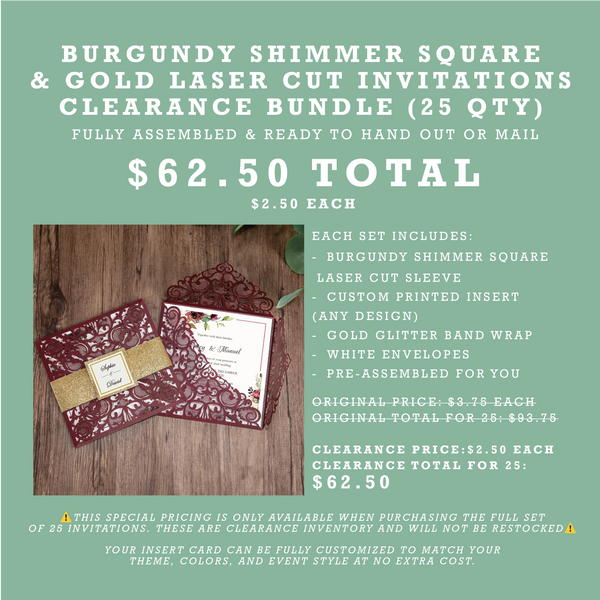 (25 Qty) | Burgundy shimmer square & gold Laser Cut Invitations CLEARANCE Bundle