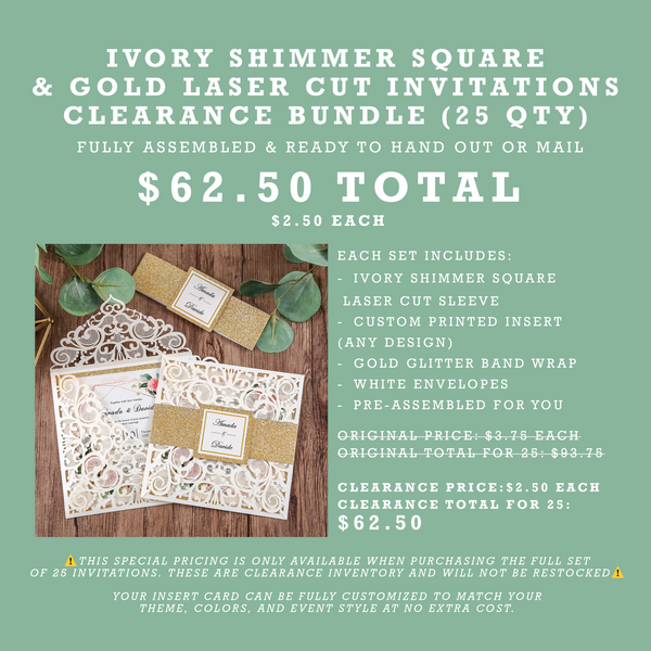 (25 Qty) | Ivory Shimmer Square & Gold Laser Cut Invitations CLEARANCE Bundle