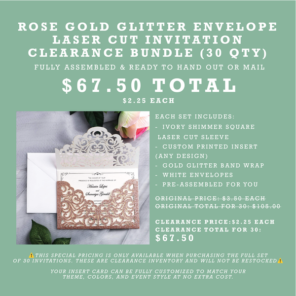 (30 Qty) | Rose Gold Glitter Envelope Laser Cut Invitation CLEARANCE Bundle