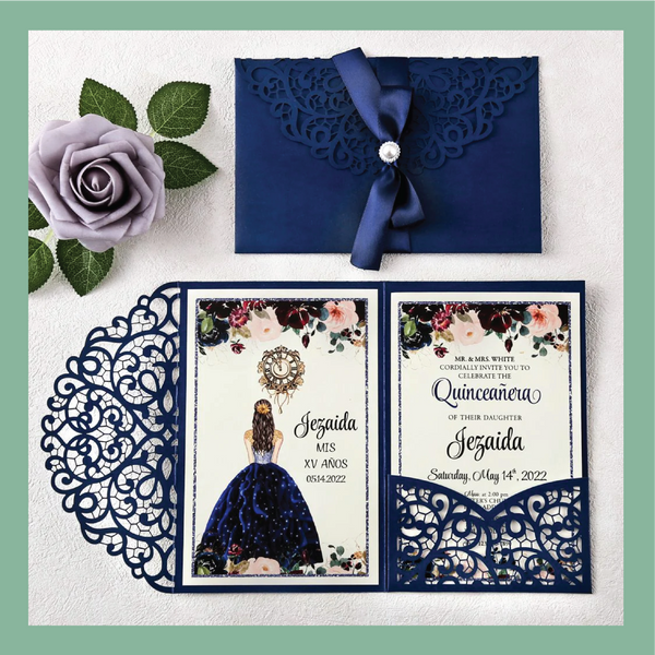 (35 Qty) | Navy Blue with Pearl Brooch Quinceanera Laser Cut Invitations Clearance Bundle