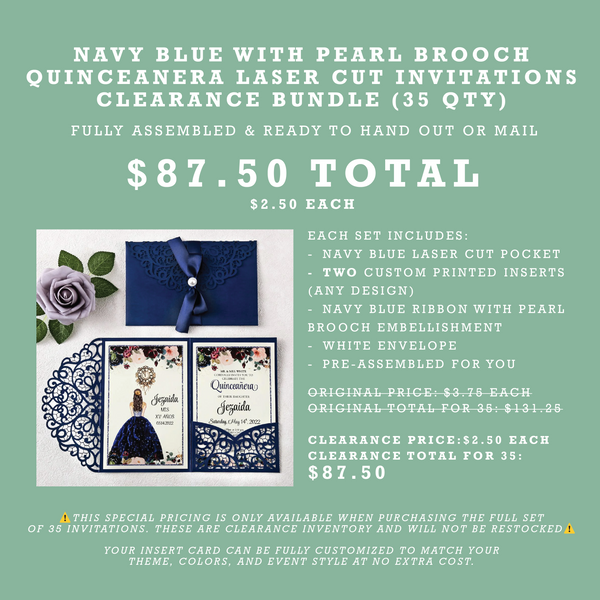 (35 Qty) | Navy Blue with Pearl Brooch Quinceanera Laser Cut Invitations Clearance Bundle